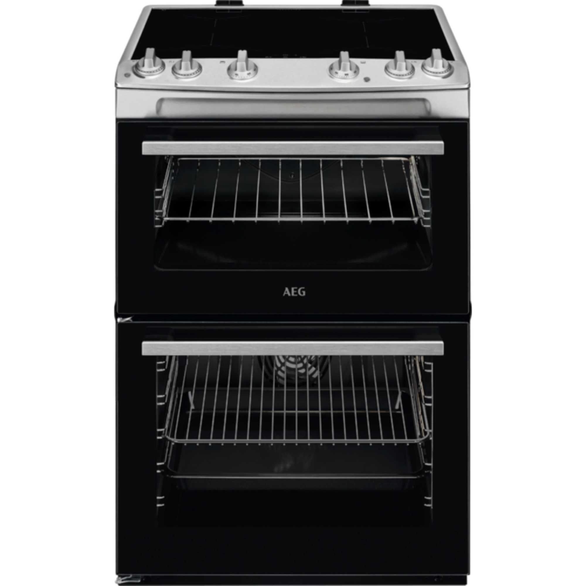 AEG CIX6500ABM induction electric cooker featuring a sleek black finish, double oven design, stainless steel control knobs, and glass doors with visible wire racks inside.