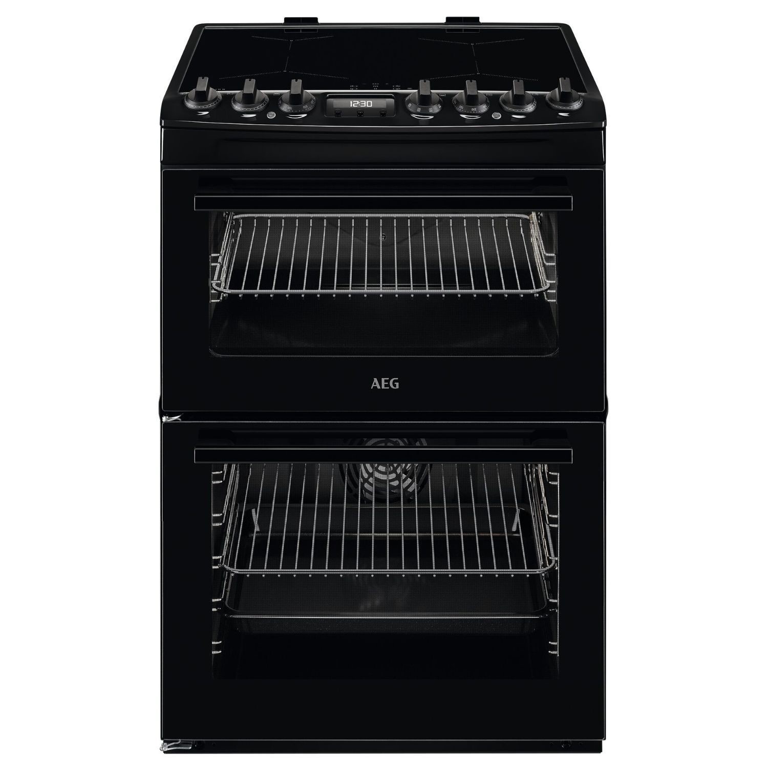 Black AEG CIX6540ACB 5000 Series 60cm electric induction cooker featuring four control knobs, two oven compartments with wire racks, and a sleek modern design.