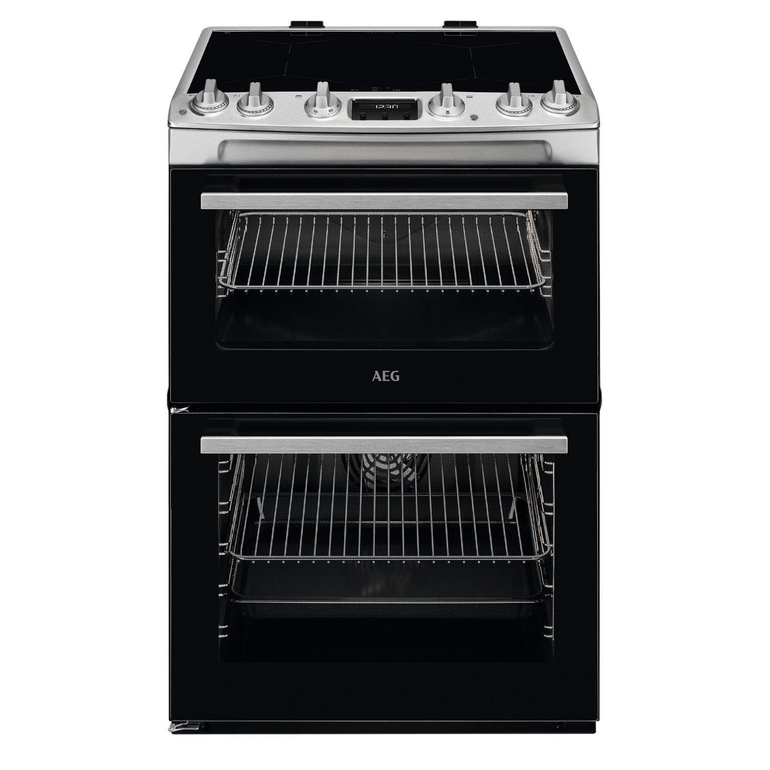 Stainless steel AEG CIX6540ACM 5000 Series 60cm electric induction cooker with four control knobs, dual ovens, and glass doors showcasing wire racks inside.
