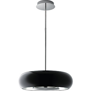 Sleek black AEG DLE0630B 65cm island cooker hood with a modern design, featuring a circular shape, metallic accents, and a suspended installation for contemporary kitchens.