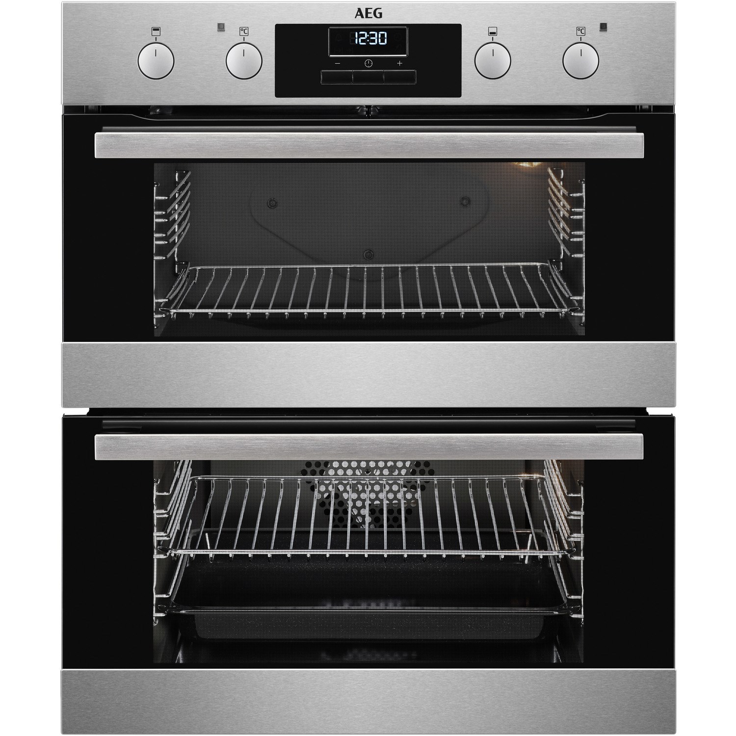 Stainless steel built-under electric double oven with black glass doors, featuring three control knobs, a digital display, and two spacious oven compartments with wire racks.