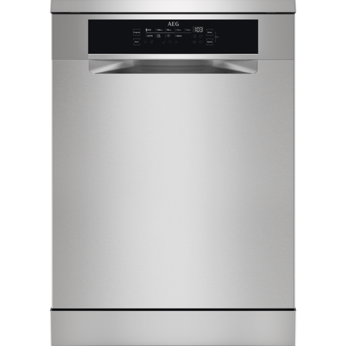 Stainless steel freestanding dishwasher with a sleek design, featuring a digital control panel and a 14-place setting capacity.