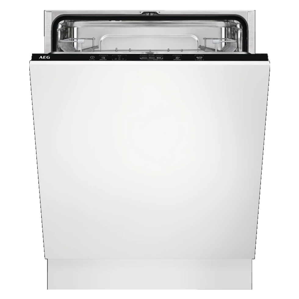 Fully integrated AEG FSB42607Z 5000 Airdry dishwasher in sleek white finish, featuring a hidden control panel and a spacious interior for 13 place settings.