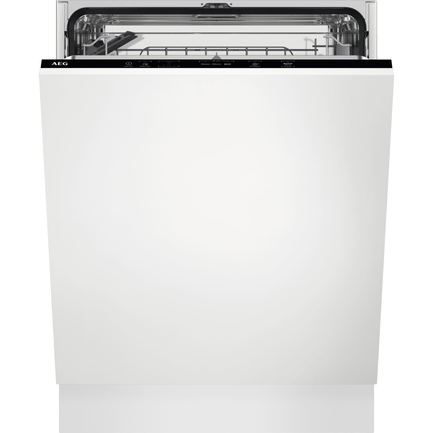 White built-in dishwasher by AEG with a sleek black control panel, featuring a transparent door and spacious interior for efficient dish cleaning.