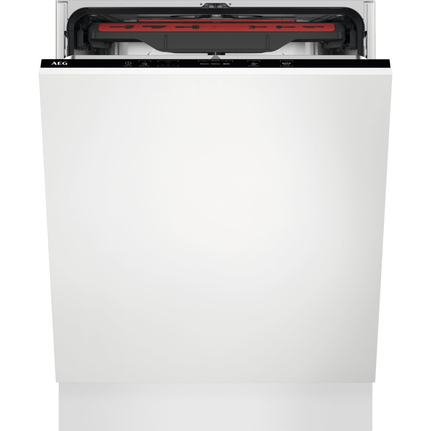 AEG Series 5000 AirDry Integrated Dishwasher in sleek black with a modern control panel, featuring a fully integrated design and energy-efficient C-rating.