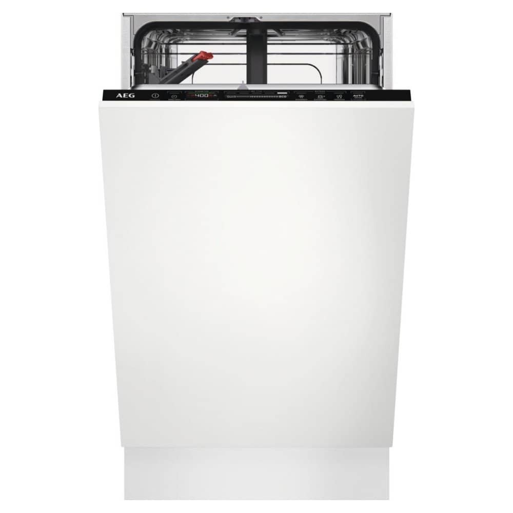 Integrated slimline dishwasher in white with a black control panel, featuring a glass care function and D-rating for energy efficiency.