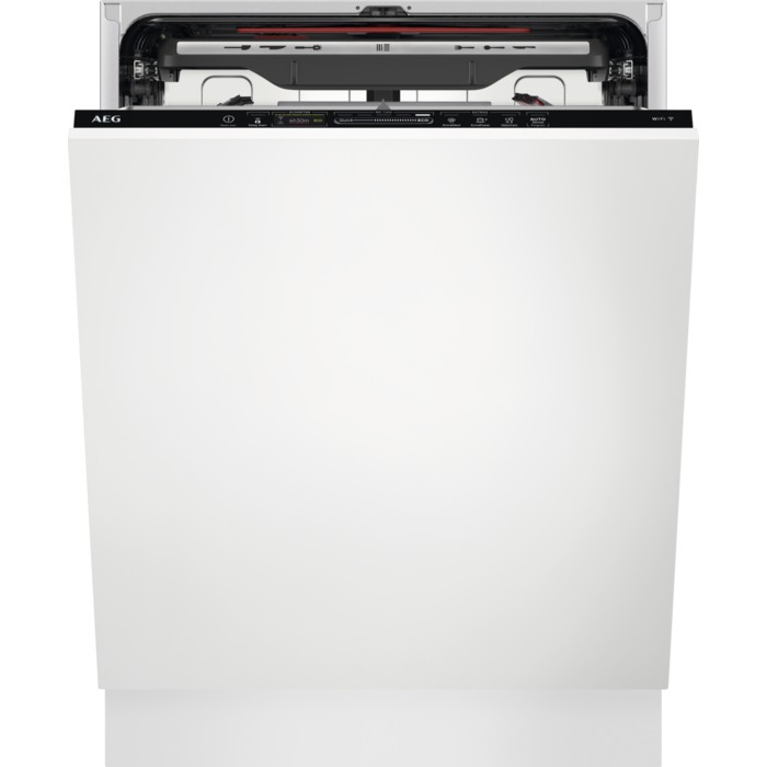 Sleek white AEG dishwasher with a fully integrated design, featuring a black control panel with buttons and indicators, and an open door revealing the interior.