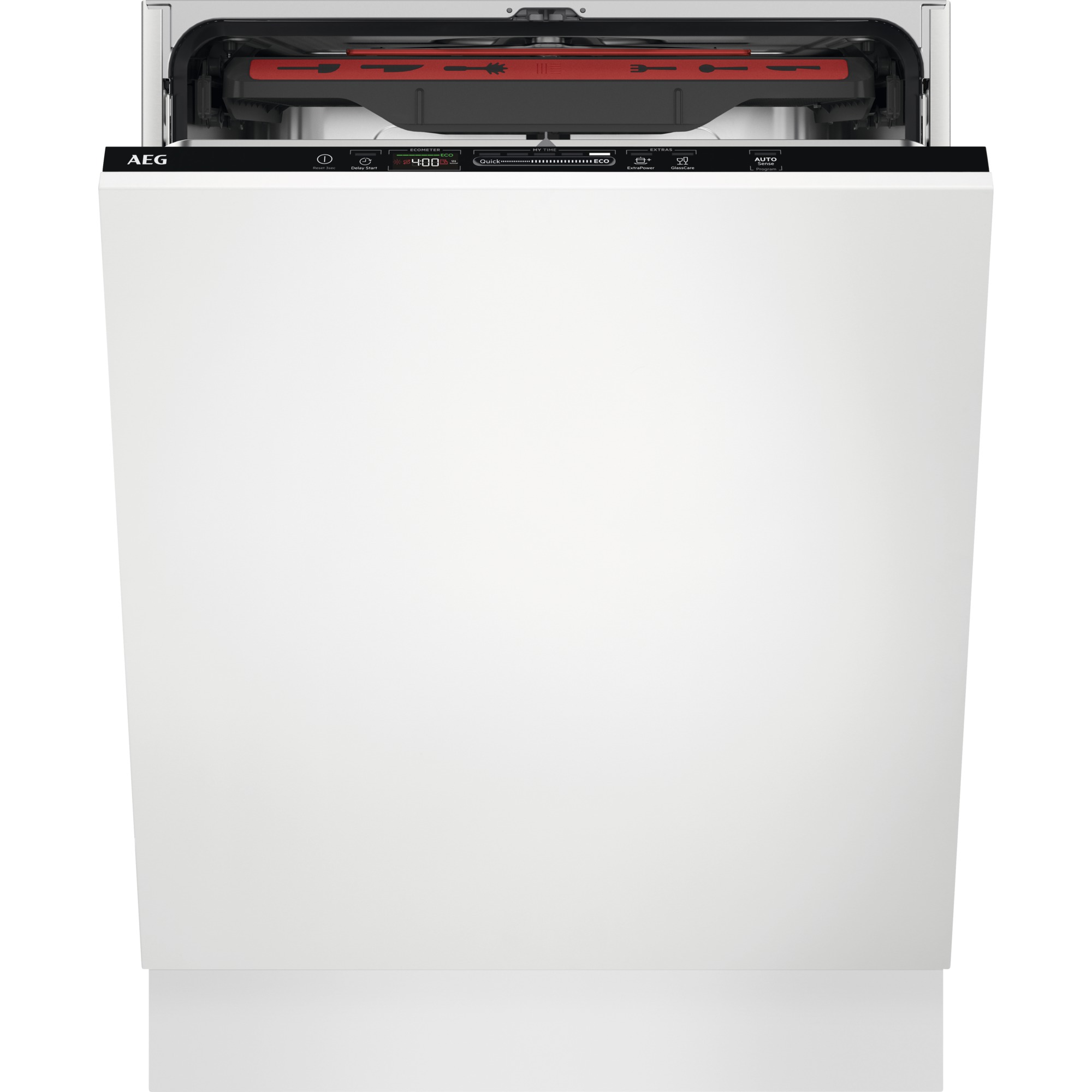 White integrated dishwasher with a sleek design, featuring a black control panel and a red satellite cleaning arm visible inside the open door.