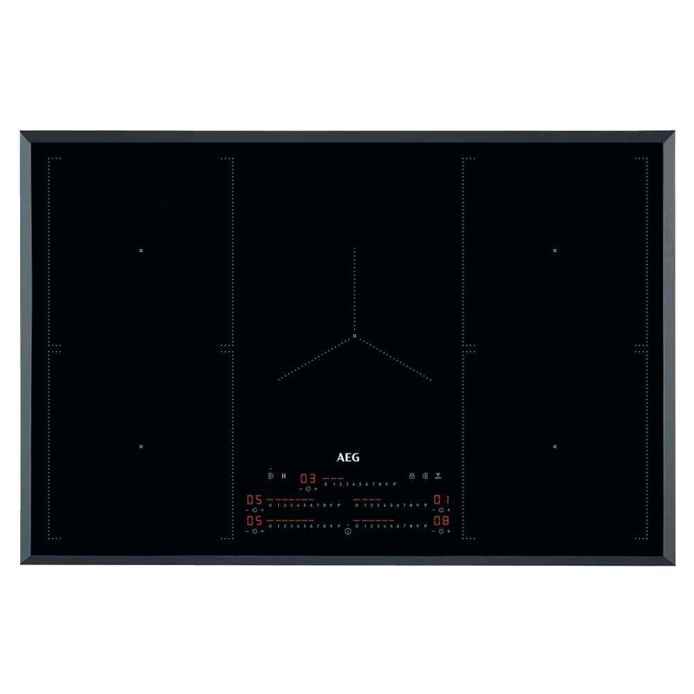 Black glass induction cooktop with four cooking zones, featuring a sleek touch control panel and illuminated display for temperature settings.