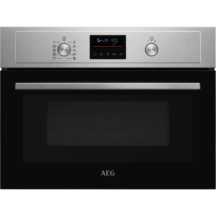 Stainless steel built-in oven with a black glass front, featuring a digital display, control knobs, and a sleek handle, designed for modern kitchens.