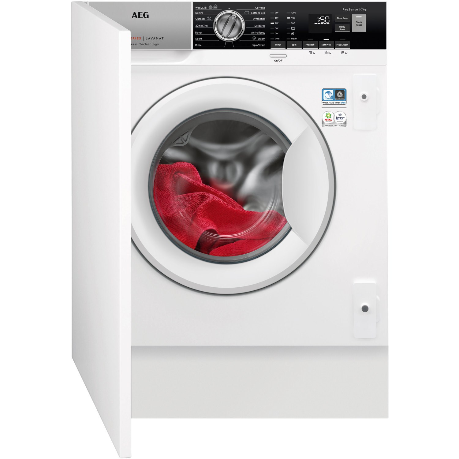 White integrated washing machine with a front-loading design, featuring a large circular door, digital display, and control panel, showcasing a red garment inside the drum.