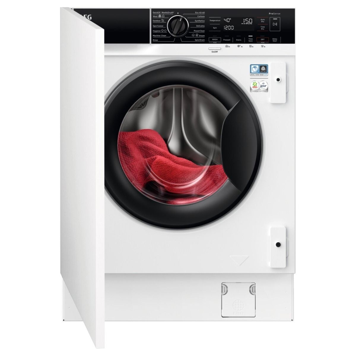 AEG L8WE84636BI 8000 Series washer dryer in white, featuring a large black door with a glass window, control panel with digital display, and energy efficiency labels.