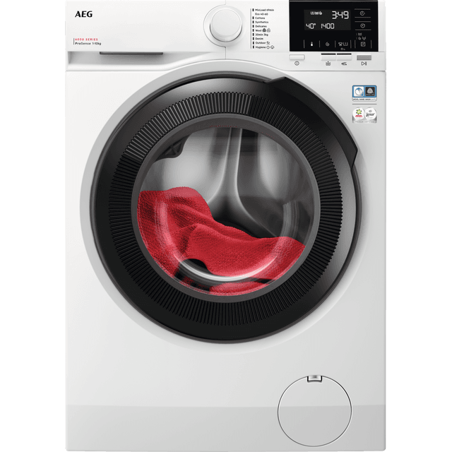 Freestanding white AEG 6000 ProSense® washing machine with a 10kg capacity, 1400rpm spin speed, and a large circular glass door displaying red laundry inside.