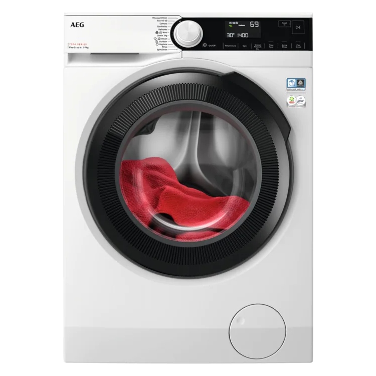 AEG LFR73944B Series 7000 ProSteam washing machine in white, featuring a large circular glass door, black control panel, and a red garment inside the drum.