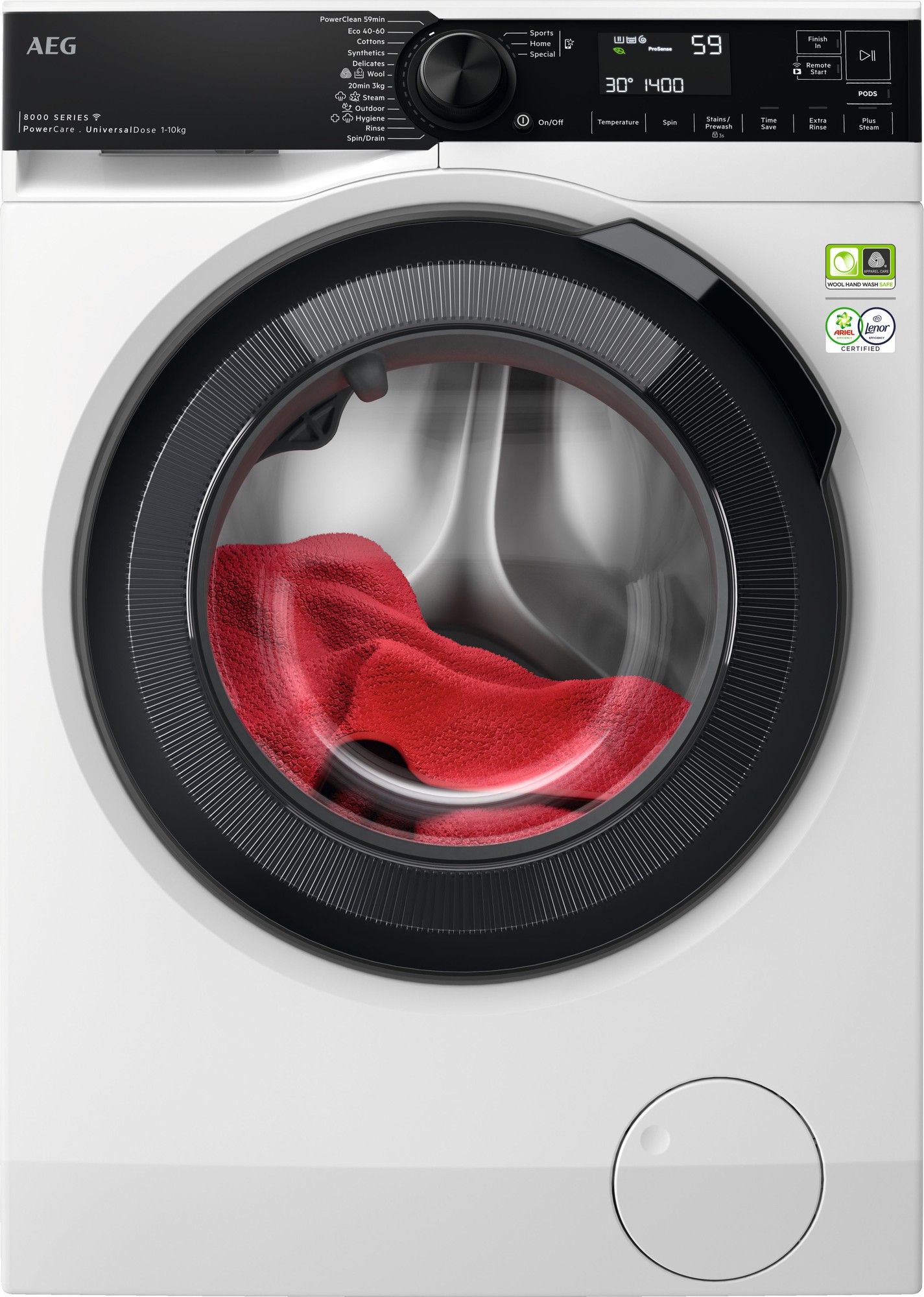 Front-loading AEG LFR84146UC washing machine in white with a large transparent door showcasing a red towel inside, featuring a digital display and control knob on top.