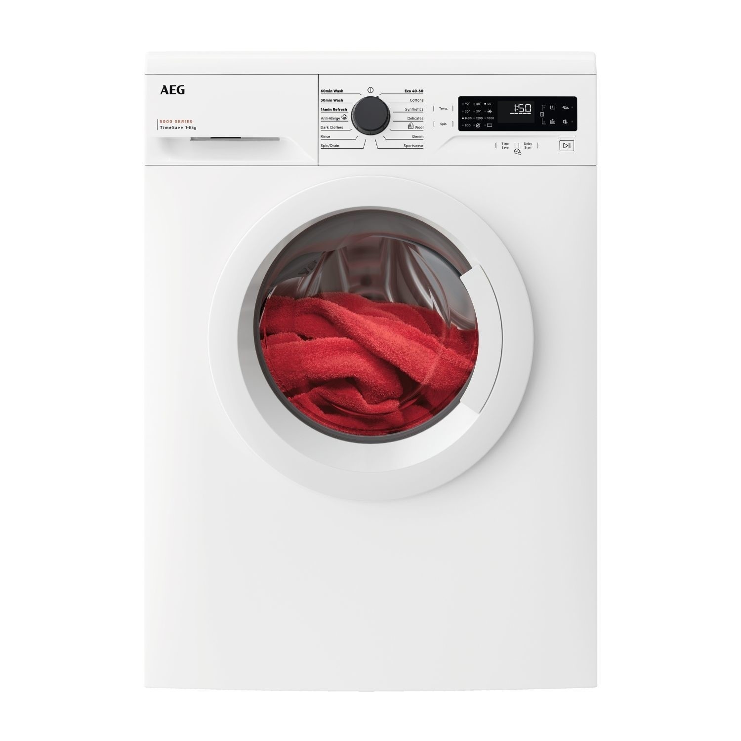 White front-loading washing machine with a large circular glass door, digital display, and control panel featuring buttons and a dial, showcasing red towels inside.