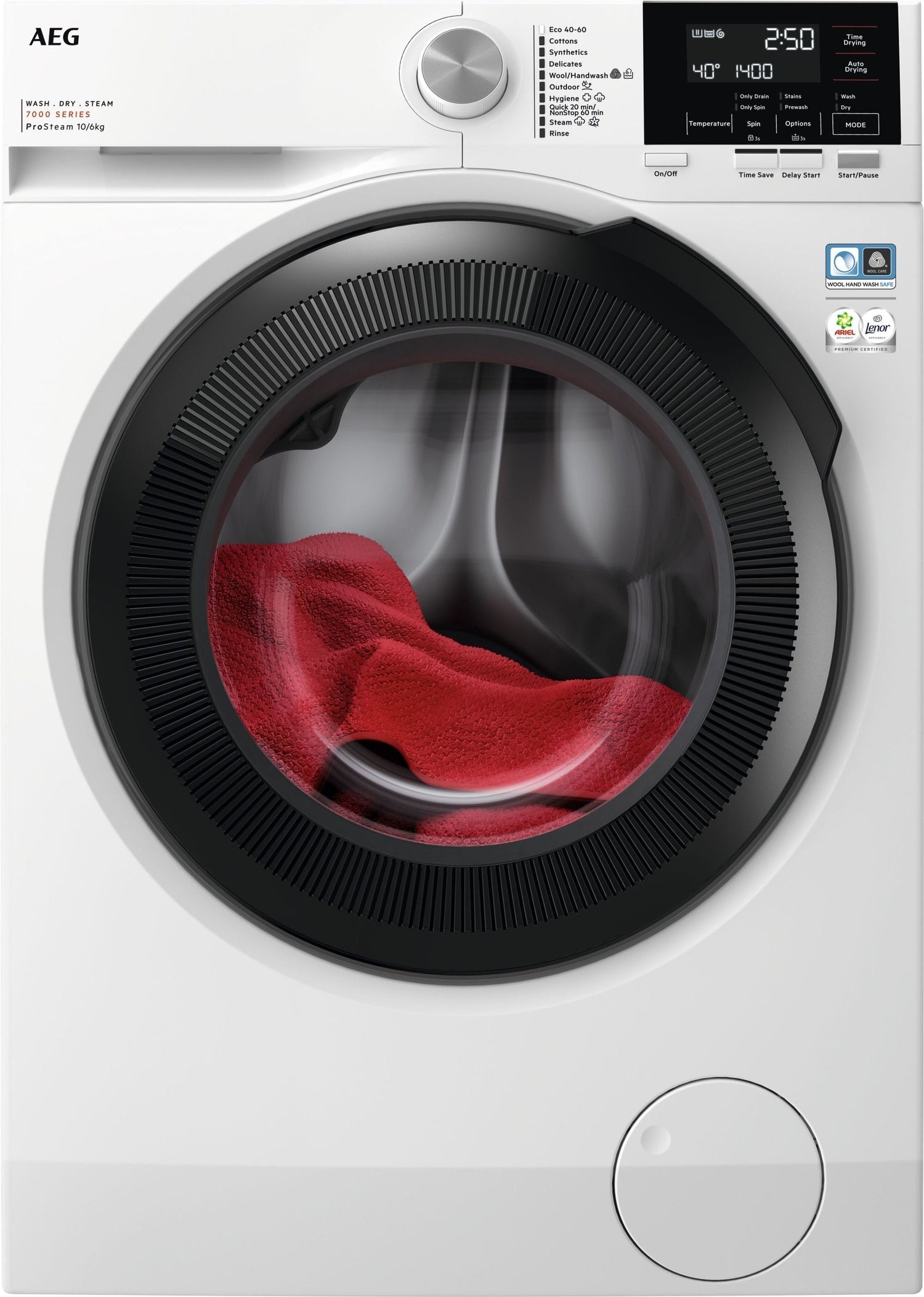 Freestanding white washer dryer with a large circular glass door, displaying a red towel inside, featuring a digital control panel with various settings and energy efficiency labels.