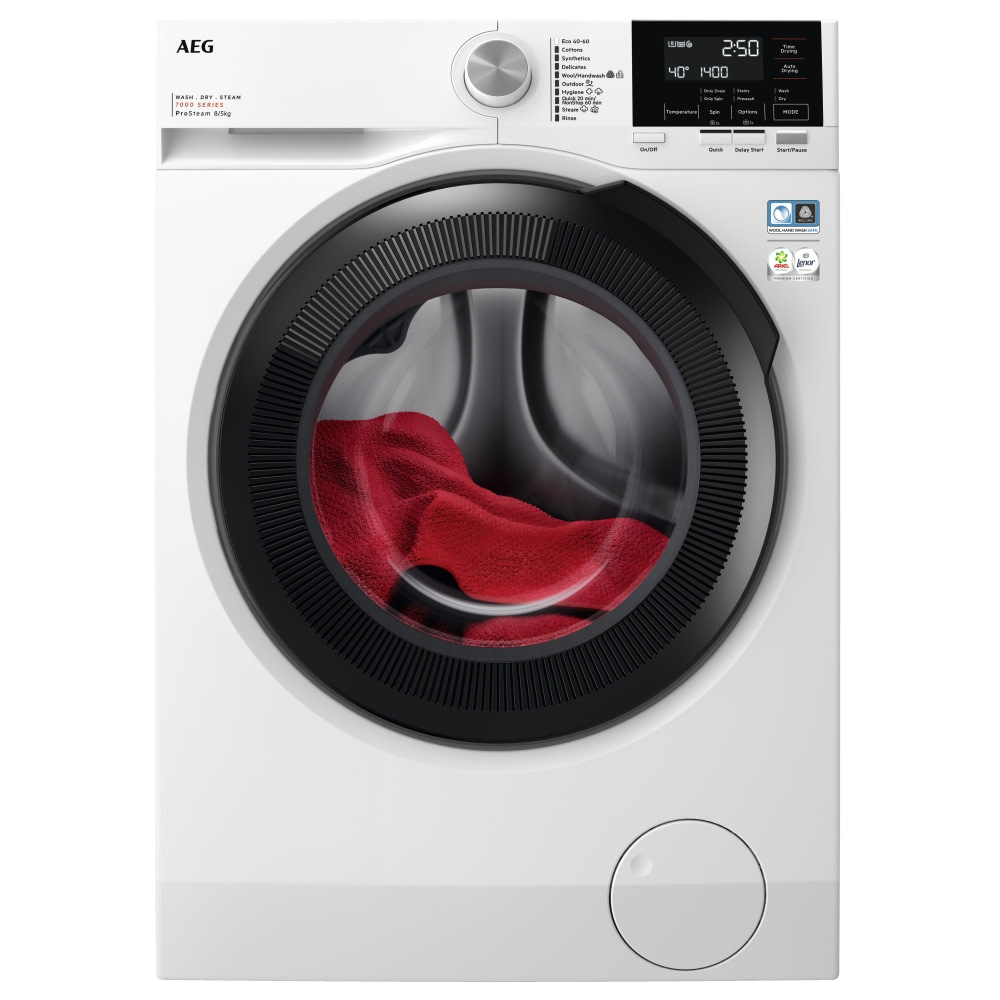 Front-loading washing machine in white with a large transparent door, displaying red laundry inside, featuring a digital control panel and a sleek design.