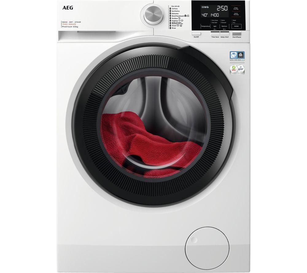 AEG LWR7195M4B washer dryer in white with a large circular glass door, displaying red laundry inside, featuring a digital control panel and energy efficiency labels.