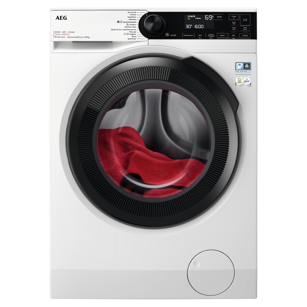 AEG LWR7485M4U washer dryer in white with a large black circular door, digital control panel, and red laundry visible inside the drum.