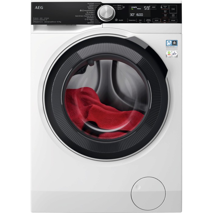 Freestanding white washer dryer with a large circular glass door, displaying red laundry inside, featuring a digital control panel and energy efficiency labels.