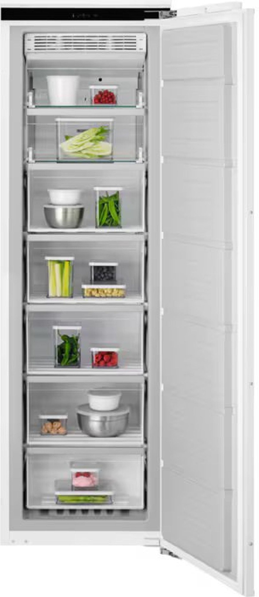 AEG 7000 Series 204 Litre Integrated Upright Freezer features a sleek white exterior, multiple transparent storage bins, and adjustable shelves filled with various frozen foods and vegetables.
