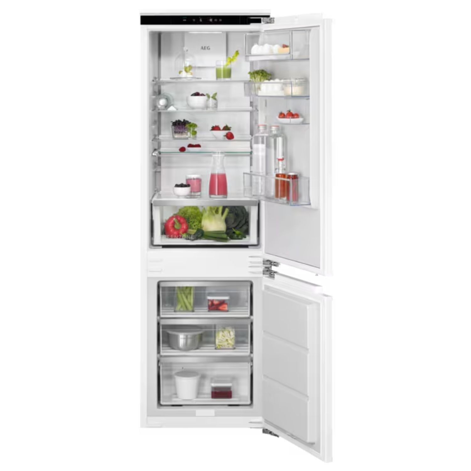 Frost-free integrated fridge freezer in white, featuring multiple shelves, transparent drawers, and a sleek design with a digital control panel at the top.