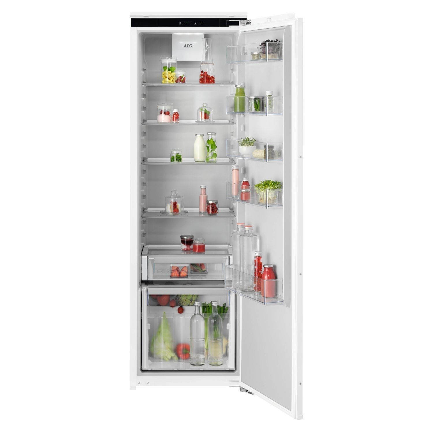 Integrated AEG 6000 Series fridge with a sleek white finish, featuring multiple shelves, transparent storage bins, and a spacious 310-litre capacity for organized food storage.