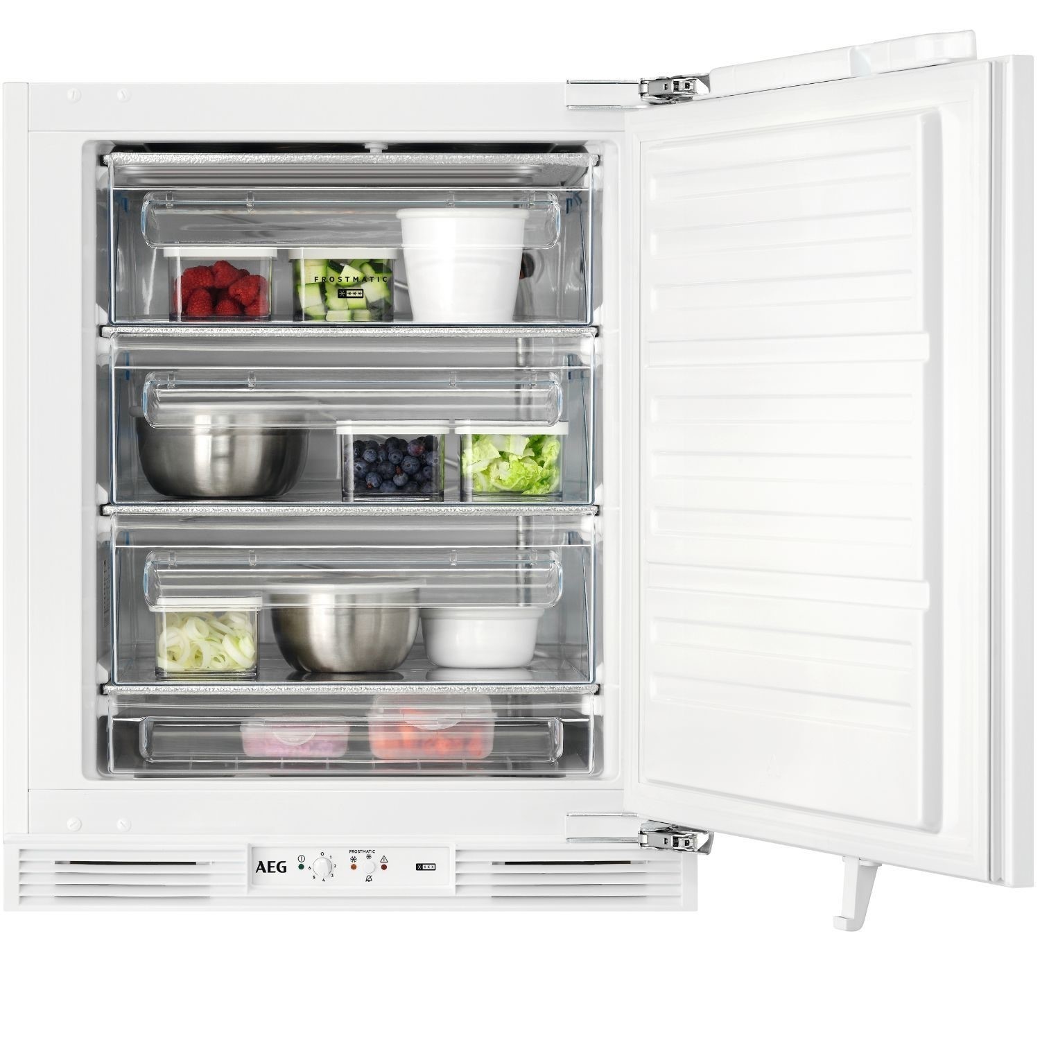 White upright static freezer with four transparent drawers and shelves, showcasing various food items like berries, vegetables, and containers, featuring a sleek design and AEG branding.