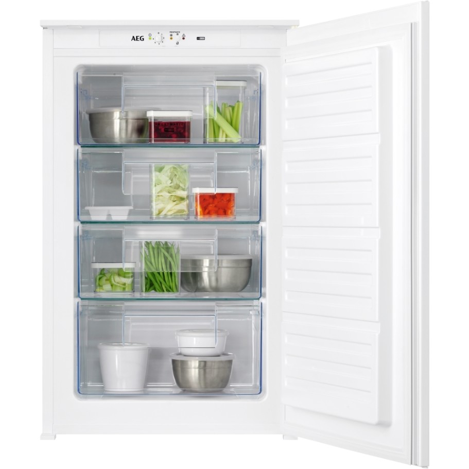 White AEG refrigerator with a transparent door, featuring multiple shelves filled with various bowls, containers, and fresh vegetables like celery and peppers.