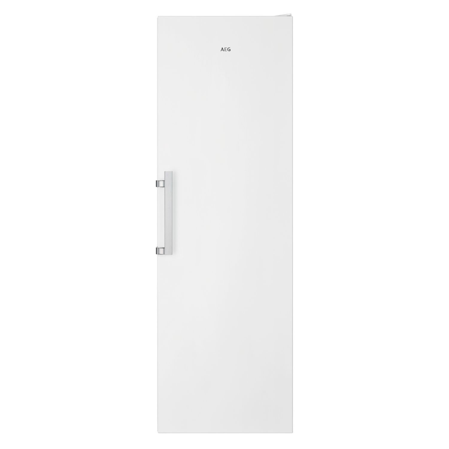 Freestanding AEG 6000 Series fridge in white, featuring a sleek design, a stainless steel handle, and a spacious 395-litre capacity.