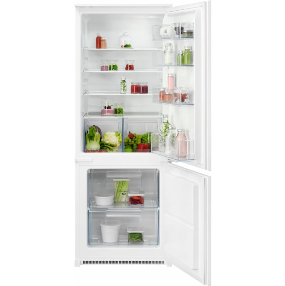 White integrated fridge freezer with a 144cm height, featuring multiple glass shelves, clear storage bins, and a spacious freezer compartment below.