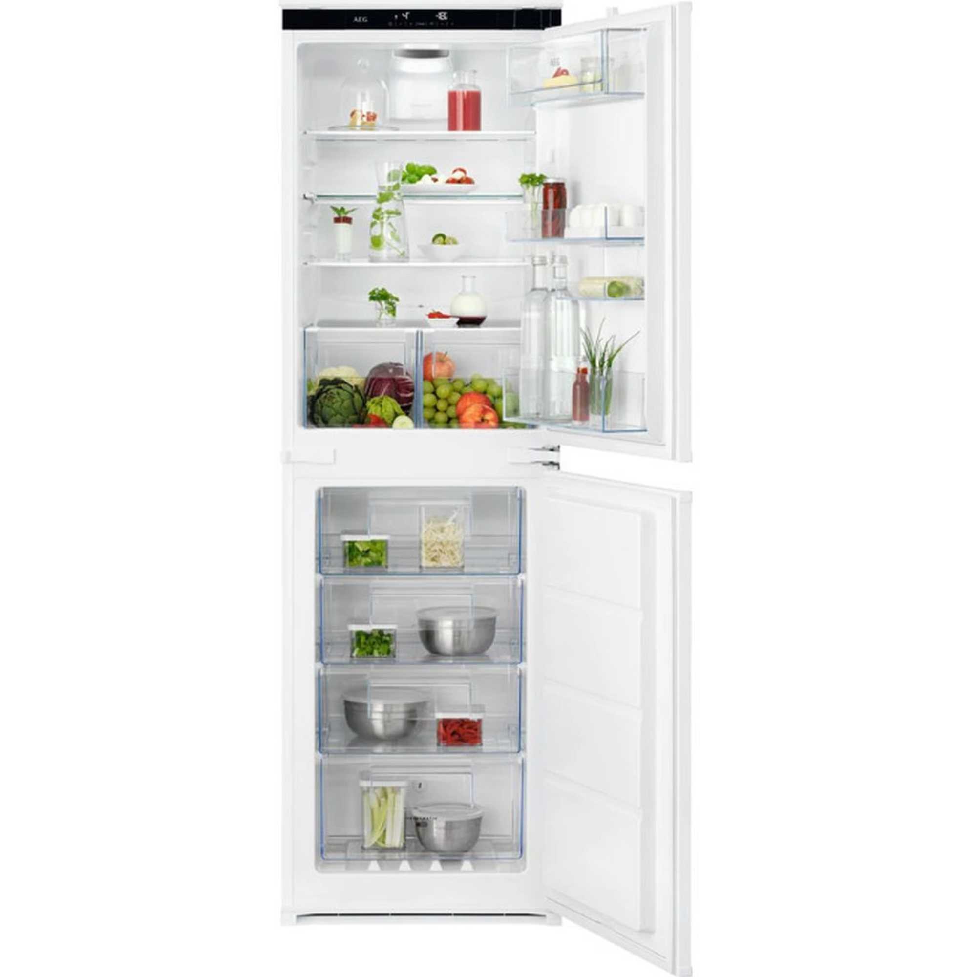 Integrated 50/50 fridge freezer with a sliding hinge, featuring a sleek white exterior, transparent shelves, and organized compartments for fresh produce and frozen items.