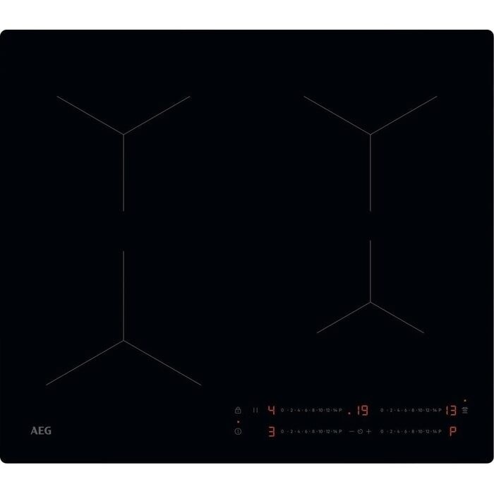 Black 60cm AEG induction hob featuring four cooking zones, illuminated touch controls, and a sleek glass surface for modern kitchen aesthetics.