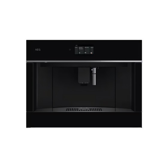 Fully automatic built-in coffee machine in sleek black finish, featuring a minimalist design, control panel with buttons, and a compact brewing area.