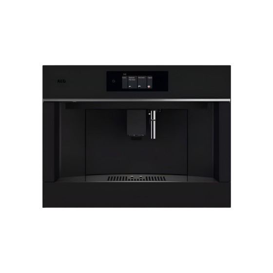 Fully automatic built-in coffee machine in sleek black finish, featuring a minimalist design, touch control panel, and a single coffee spout for brewing.