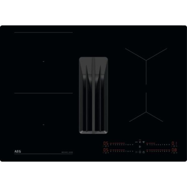 Black glass AEG TCH74B01CB 68cm venting induction hob featuring four cooking zones, touch controls, and integrated ventilation system for efficient cooking.