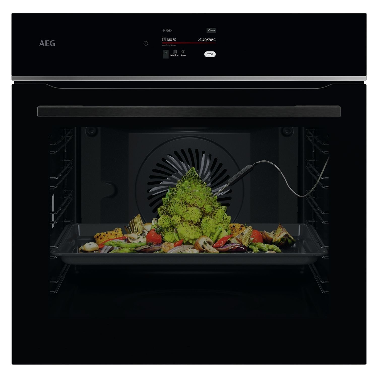 Black AEG 7000 Series TE7PB731AB MealAssist Electric Single Oven featuring a digital control panel, interior light, and a tray with colorful vegetables inside.