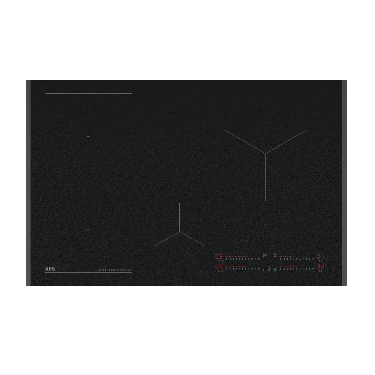 Black glass induction cooktop featuring three cooking zones, sleek touch controls, and a minimalist design with a digital display for precise temperature settings.