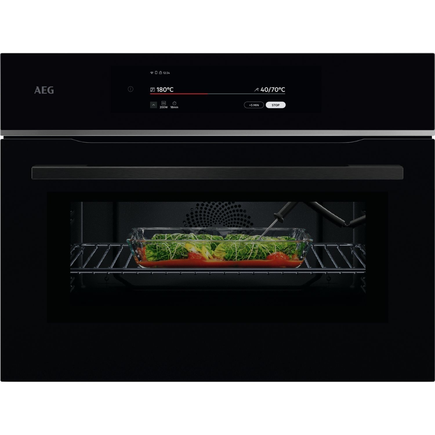 AEG 9000 Series CombiQuick built-in combination microwave oven in sleek black, featuring a digital display, stainless steel handle, and a glass interior showcasing a dish with fresh ingredients.