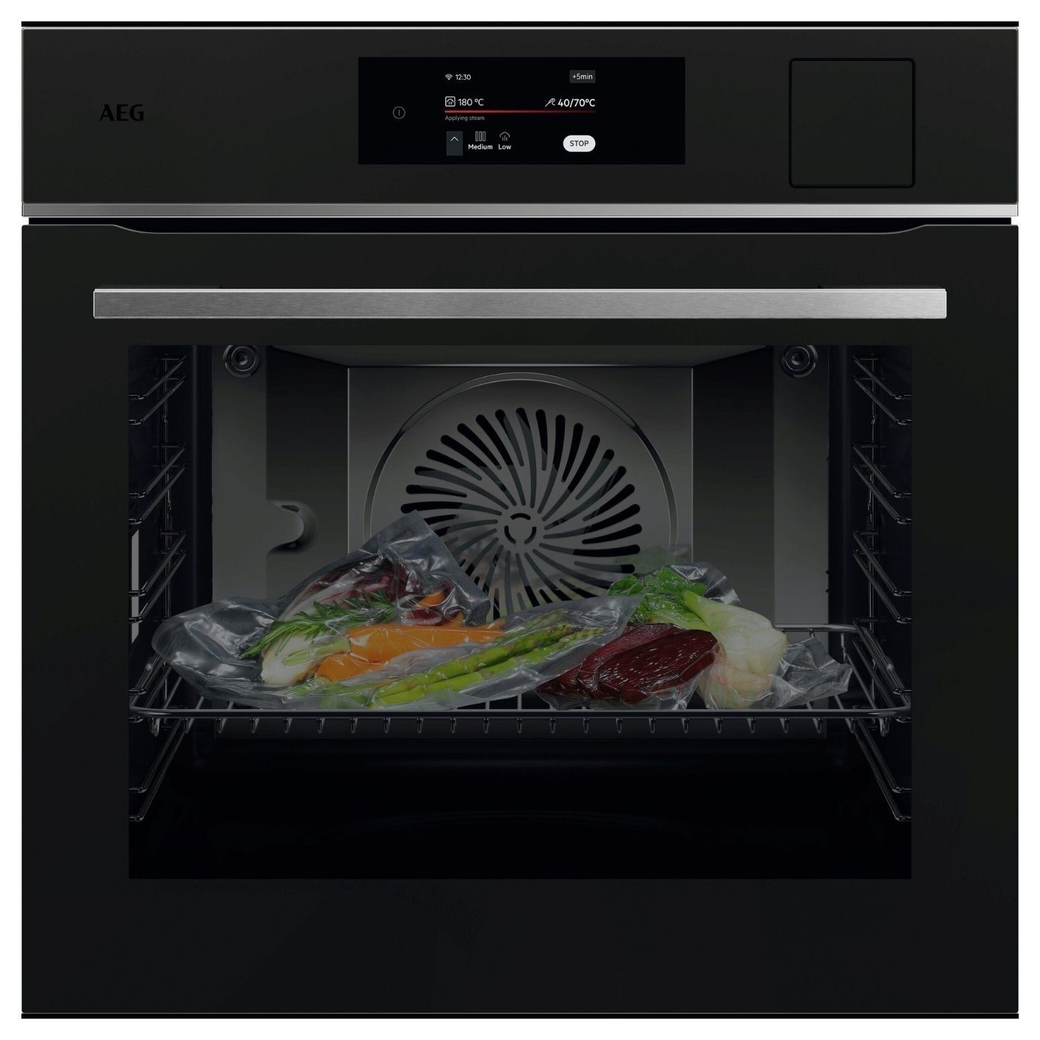 Black AEG 8000 Series TP8SB731AT electric single oven featuring a sleek design, digital control panel, and steam cooking with visible sous-vide bags and fresh vegetables inside.