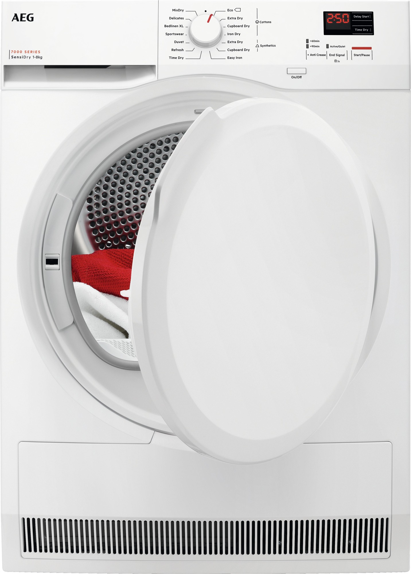 White AEG dryer with a circular door partially open, revealing red and white laundry inside, featuring a digital control panel with a timer display and various drying settings.