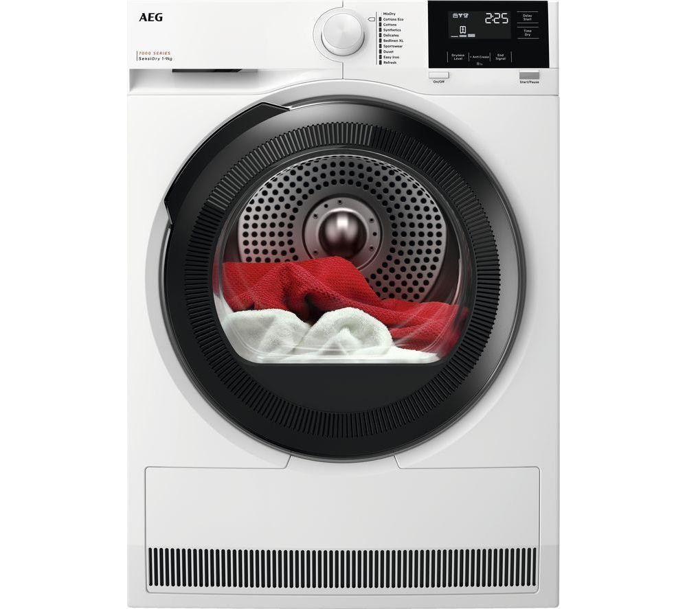 AEG TR719A4B 7000 Series heat pump tumble dryer in white, featuring a large black door with a transparent glass window, digital display, and control panel with various settings.
