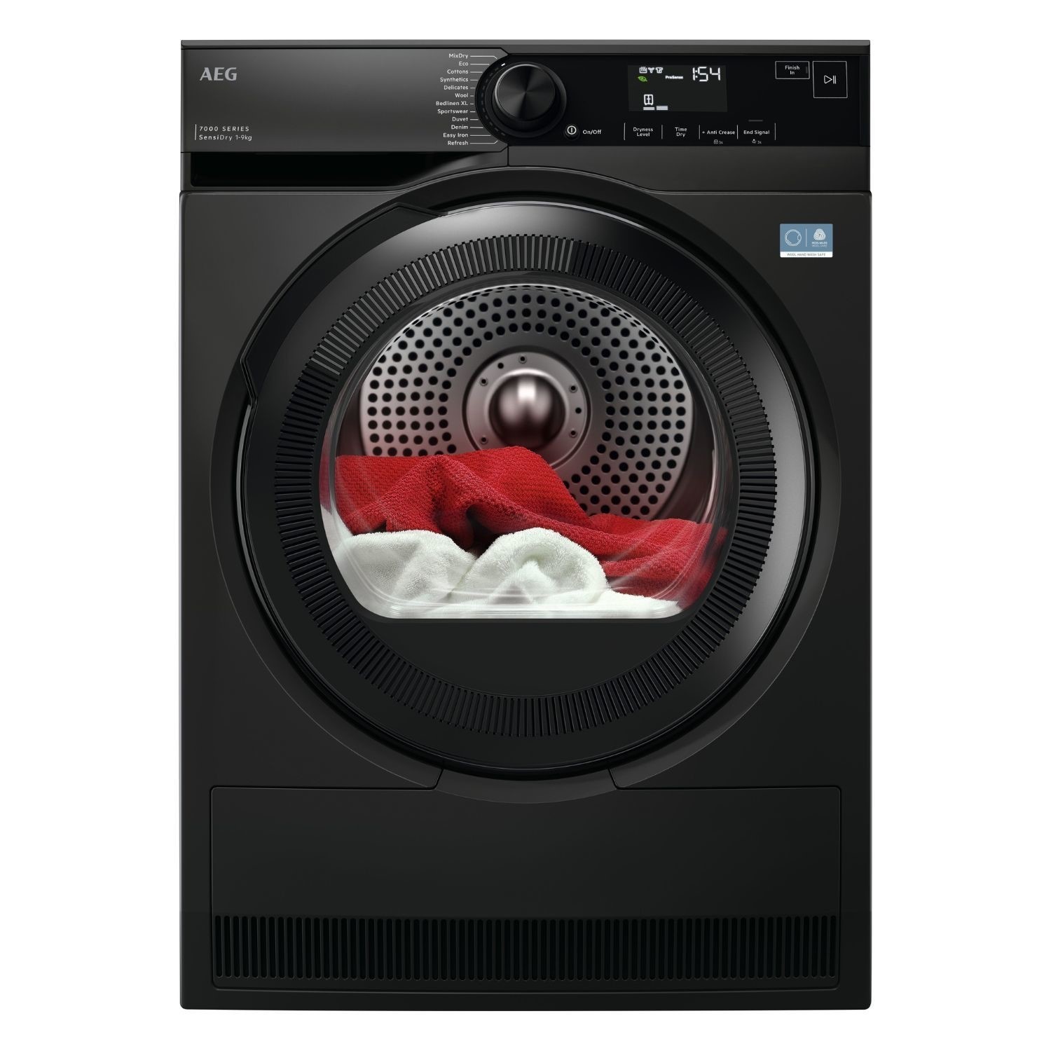 AEG 7000 Series SensiDry® 9KG Heat Pump Tumble Dryer in sleek black, featuring a large circular door, control panel with digital display, and visible red and white laundry inside.