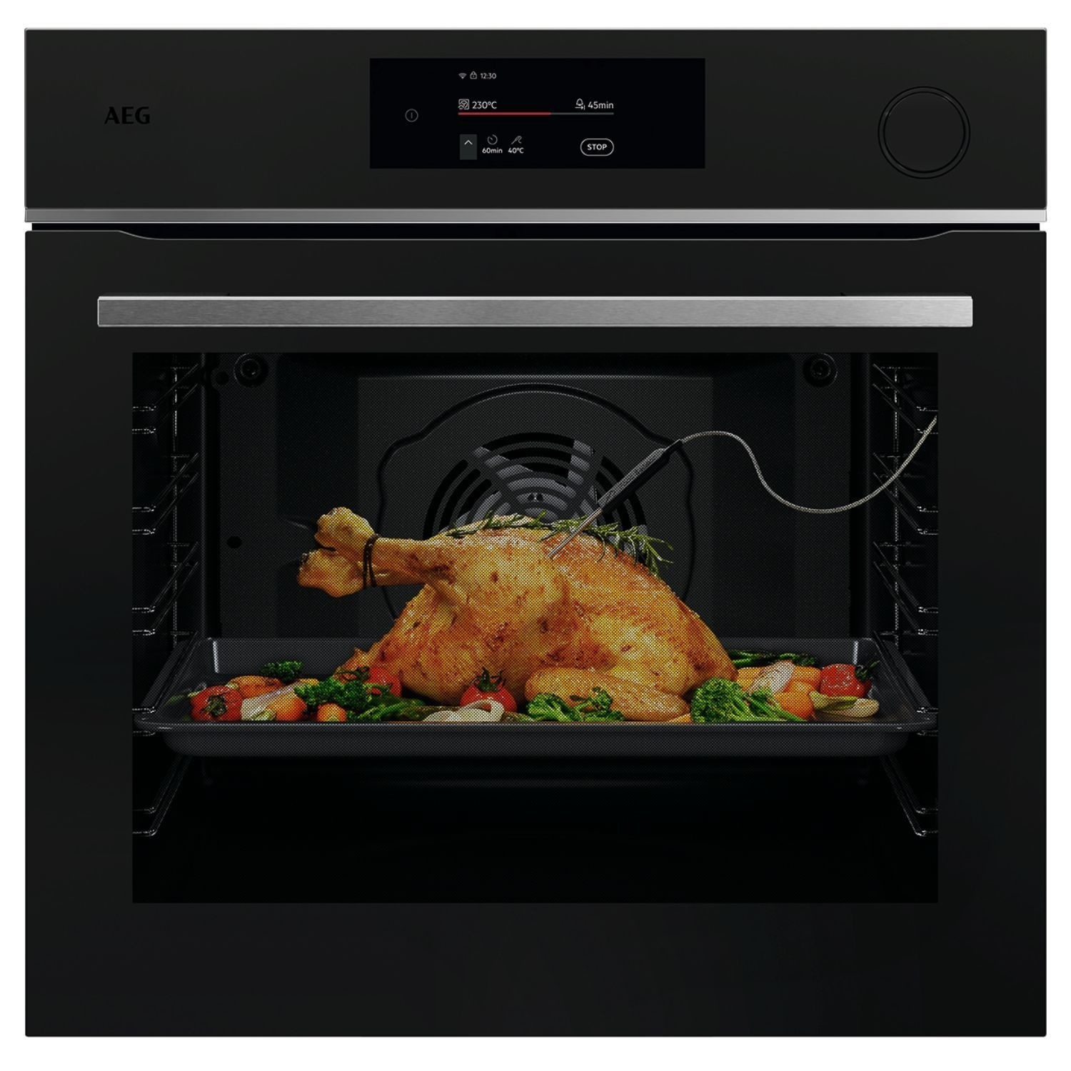 Built-in electric single oven in sleek black finish featuring a stainless steel handle, digital display, and a roasted chicken with vegetables inside, highlighting pyrolytic cleaning capability.