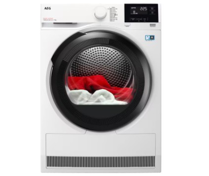 White AEG TR819A4B 8000 Series heat pump tumble dryer with a large glass door, displaying red and white laundry inside, featuring a digital control panel on top.