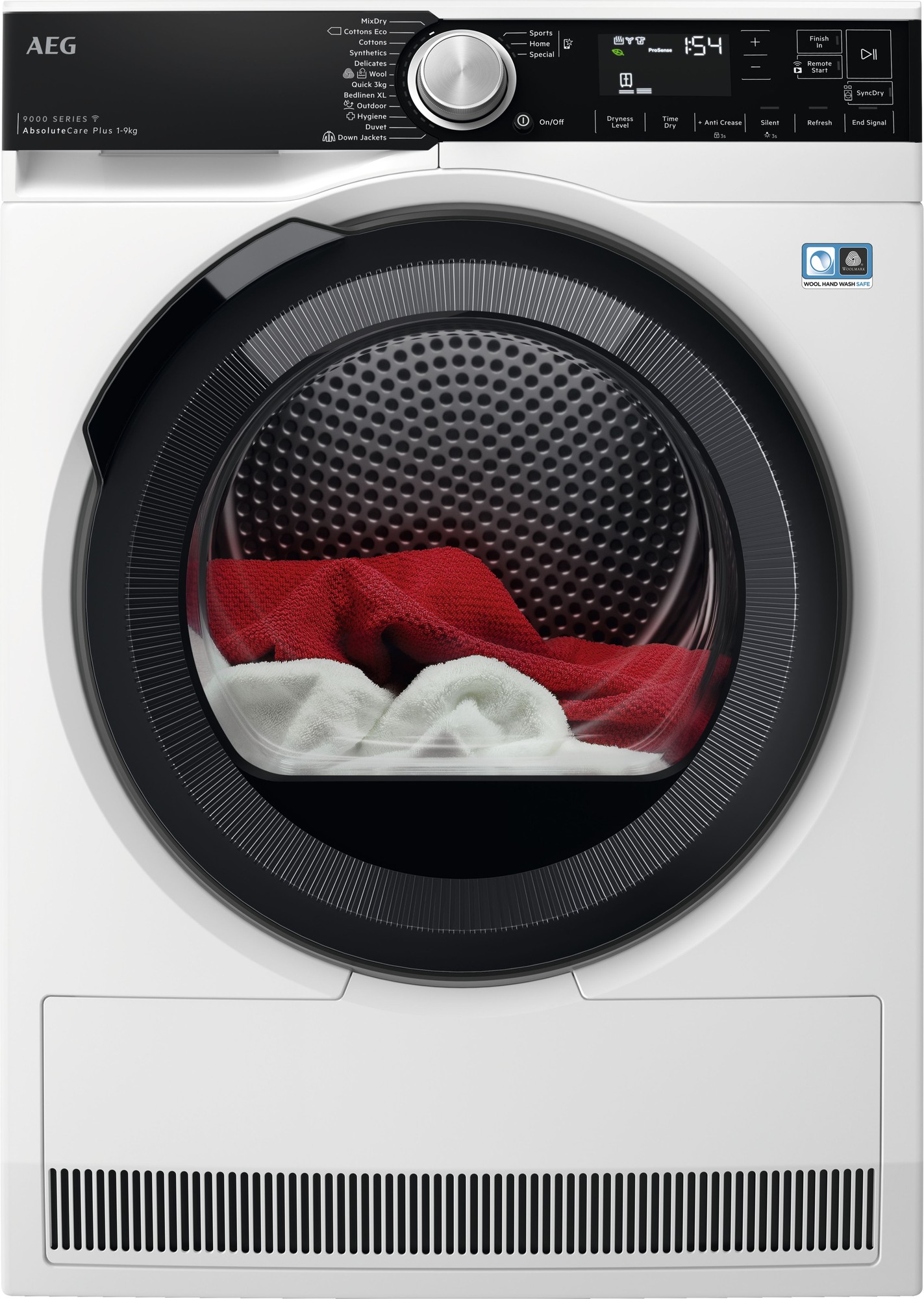 Freestanding white AEG TR959M6BC Series 9000 heat pump tumble dryer with a large black door, displaying red and white laundry inside, featuring a digital control panel on top.