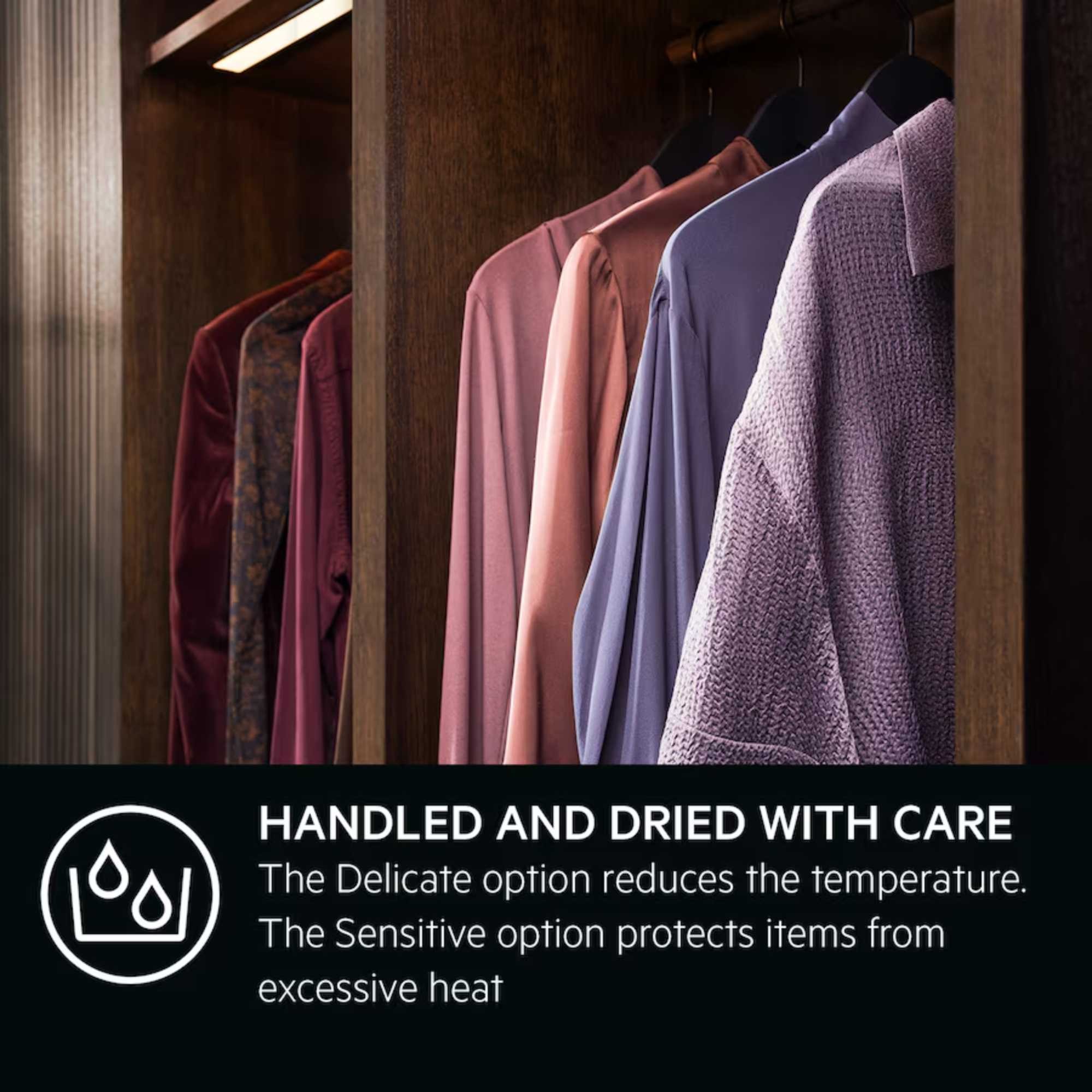 White AEG TXC508B2B Series 5000 condenser tumble dryer, featuring an 8kg capacity, sleek design, and a digital display for temperature control and drying options.