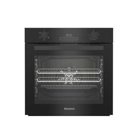Built-in electric single oven in sleek black finish, featuring a glass door, stainless steel racks, and control knobs for temperature and timer settings.