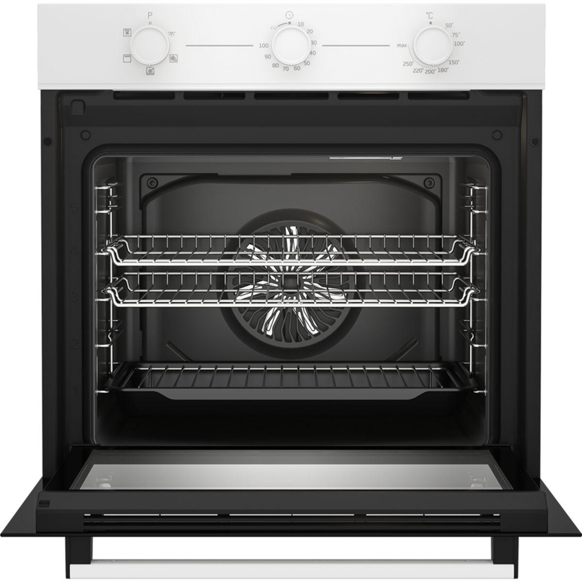Beko AeroPerfect™ CIFY71W built-in white single fan oven featuring a sleek design, two chrome wire racks, and a circular fan for even heat distribution.